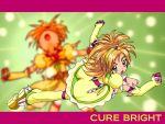  boots brown_eyes brown_hair character_name cure_bright fuchi_minoru futari_wa_precure_splash_star gloves green_background hairband hyuuga_saki long_hair magical_girl precure running skirt solo 