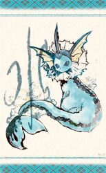  :3 animal_focus blue_border blue_eyes border bwmtk1110 cetacean_tail closed_mouth fins fish_tail flower full_body head_fins highres looking_at_viewer no_humans pokemon pokemon_(creature) pokemon_focus simple_background sitting solo tail vaporeon water_lily_flower white_background 