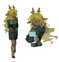  1girl animal_ears antlers arms_behind_back black_shirt black_skirt blonde_hair book buck_teeth commentary corrupted_twitter_file deer_antlers deer_ears deer_girl deltarune furry furry_female glasses hashtag-only_commentary highres holding holding_book hooves horns long_hair multiple_views noelle_holiday shirt skirt teeth utdr_(toby_fox) very_long_hair yokuyo 