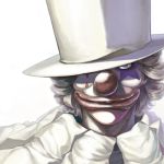  ako_(nedm) clown clown_nose facepaint grey_eyes hat lowres male original silver_eyes silver_hair simple_background smile solo top_hat white_background 