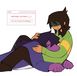  1girl 1other brown_hair brown_pants brown_shoes clenched_hands closed_eyes closed_mouth collared_sweater colored_skin covered_mouth deltarune english_text green_sweater hair_between_eyes hand_on_another&#039;s_head hand_on_another&#039;s_shoulder highres hug jacket kris_(deltarune) long_hair long_sleeves lying monster_girl no_eyes on_stomach other_with_female pants purple_hair purple_jacket purple_skin queen_pilled shaded_face shoes short_hair simple_background single_stripe sitting sleeping smile striped_clothes striped_sweater susie_(deltarune) sweater tan utdr_(toby_fox) white_background 