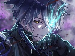  1boy arm_up black_gloves black_jacket blood blood_from_mouth blood_on_face blue_fire blue_hair collared_jacket commentary_request fire flins_(genshin_impact) genshin_impact gloves highres jacket long_hair long_sleeves male_focus necoco112061 parted_bangs smile solo upper_body watermark wiping_face yellow_eyes 