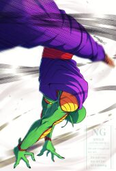  1boy absurdres antennae bald colored_skin dragon_ball dragon_ball_z green_skin grey_background handstand highres kazehare_1216 male_focus motion_lines pants piccolo purple_pants purple_shirt red_sash sash shirt simple_background solo speed_lines 