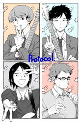  4boys :d blazer breast_pocket collared_shirt commentary_request dress_shirt drumsticks electric_guitar futsuu_no_keion-bu glasses greyscale_with_colored_background group_name guitar guitar_strap gyaru_v gyogyo_kasien holding holding_drumsticks holding_guitar holding_instrument instrument jacket male_focus mizuo_haruichi multiple_boys necktie one_eye_closed pocket protocol._(futsuu_no_keion-bu) school_uniform shirt shooting_star_(symbol) short_hair smile sweater taguchi_ryuuya takami_kouki tohno_gen tsurime twitter_username upper_body v v_over_eye v_over_mouth 