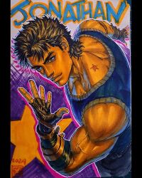  1boy 2024 birthmark black_gloves black_hair blue_tank_top character_name english_commentary fingerless_gloves gloves highres joestar_birthmark jojo_no_kimyou_na_bouken jojo_pose jonathan_joestar jonathan_joestar's_pose_(jojo) looking_at_viewer male_focus marker_(medium) maya_panda messy_hair muscular muscular_male phantom_blood signature solo star_(symbol) tank_top traditional_media 