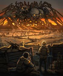  2boys 3others ak-47 army assault_rifle battle battlefield boris_groh camouflage cigarette combat_helmet digital_camouflage fire firing floating_skull giant giant_monster glowing glowing_eyes gun helmet highres holding holding_gun holding_weapon kaiju kalashnikov_rifle machine_gun military military_combat_uniform military_uniform military_vehicle mm14 monster monster_focus motor_vehicle multiple_boys multiple_others original pkm rifle russo-ukrainian_war skeleton skull smoking soldier surreal tank trench ukraine ukrainian_ground_forces war weapon z_(russian_symbol) 