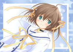  1girl 2000s_(style) abstract_background ahoge archived_source asakura_nemu bell black_choker blue_background blue_sky blue_trim border brown_hair buttons choker circus_(studio) closed_mouth collared_shirt da_capo da_capo_i dress_shirt dutch_angle green_eyes hair_ribbon jingle_bell large_ribbon long_sleeves neck_bell patoto retro_artstyle ribbon sailor_collar shirt short_hair sky smile solo split_mouth star_(symbol) two_side_up white_border white_sailor_collar white_shirt white_sleeves yellow_ribbon 