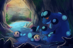  cave_interior closed_mouth deviantart_username haychel no_humans open_mouth pokemon pokemon_(creature) pokemon_focus seismitoad sitting smile swimming tympole water web_address 