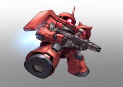  absurdres chibi chinese_commentary commentary_request exhaust gradient_background gun gundam highres holding holding_gun holding_weapon horns making-of_available mecha mecha_focus mobile_suit mobile_suit_gundam no_humans one-eyed red_eyes robot science_fiction sd_gundam single_horn solo weapon zaku_ii_s_char_custom zakuma 