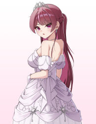  1girl blush breasts dress gloves hair_ornament highres jewelry jururu large_breasts long_hair looking_at_viewer open_mouth ponytail puleudingding purple_hair simple_background solo tiara violet_eyes virtual_youtuber waktaverse wedding_dress white_dress 