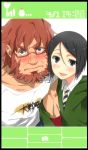  1girl beard bespectacled bird black_eyes black_hair blush bob_cut cellphone_picture chicken chikinnu facial_hair fate/zero fate_(series) genderswap gendrswap glasses hair_down highres messy_hair red_eyes red_hair redhead rider_(fate/zero) sensha_otoko short_hair t-shirt waver_velvet 