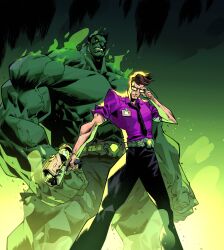  2boys absurdres avengers_(series) belt black_hair black_pants brown_hair bruce_banner colored_skin glasses green_background green_skin gun highres holding holding_gun holding_removed_eyewear holding_weapon hulk leo_chiola male_focus marvel marvel_rivals marvel_snap multiple_boys muscular muscular_male official_art pants purple_shirt purple_suit shirt short_hair suit teeth unworn_eyewear weapon 