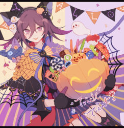  1boy alternate_costume animal_ear_hairband animal_ears black_border black_gloves black_hairband black_thighhighs border bow bow_legwear bucket candy capelet cat_ear_hairband cat_ears chocolate chocolate_bar confetti crossdressing crossdressing_(mtf) danganronpa_(series) danganronpa_v3:_killing_harmony dress english_text fake_animal_ears feet_out_of_frame food food-themed_hair_ornament garland_(decoration) ghost ghost_hair_ornament gloves hair_between_eyes hair_ornament hairband halloween halloween_costume heart holding holding_bucket letterboxed lollipop long_hair_between_eyes long_sleeves male_focus oma_kokichi orange_bow orange_capelet pocky print_capelet pumpkin_hair_ornament purple_background purple_bow purple_capelet purple_dress purple_hair purple_shirt ribbed_thighhighs sakura_(fein5862817) shirt shirt_under_dress short_dress short_hair silk sleeve_cuffs smug solo sparkle spider_web spider_web_print standing star_(symbol) striped_clothes striped_dress striped_thighhighs stuffed_animal stuffed_cat stuffed_toy swirl_lollipop thigh-highs torn_clothes torn_dress trick_or_treat two-tone_background two-tone_capelet vertical-striped_clothes vertical-striped_dress vertical-striped_thighhighs yellow_background 