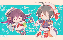  2boys ahoge alternate_costume anchor anchor_hair_ornament anchor_symbol armband arrow_(symbol) ball beachball black_hair blue_background blue_hat blue_pants blue_shirt blue_shorts blush_stickers border breast_pocket buttons cargo_shorts character_name cherry chibi commentary_request cup danganronpa_(series) danganronpa_v3:_killing_harmony dotted_line drink drinking_glass english_text fish flag food fruit grey_sailor_collar hair_ornament hat hat_ribbon heart heart_print holding holding_drink holding_flag holding_food holding_popsicle ice_cream ice_cream_cone ice_cream_float kneehighs letterboxed long_eyelashes long_sleeves male_focus mary_janes multiple_boys neckerchief necktie no_mouth oma_kokichi one_eye_closed outline outside_border pants pocket popsicle print_headwear print_necktie print_shirt print_shoes print_shorts purple_hair red_neckerchief red_necktie red_ribbon red_shoes ribbon ribbon-trimmed_neckerchief ribbon_trim saihara_shuichi sailor sailor_collar sailor_hat sailor_shirt sakura_(fein5862817) shirt shoes short_hair shorts sleeve_cuffs sneakers socks solid_oval_eyes star_(symbol) star_print sun_symbol twitter_username two-tone_hat v-shaped_eyes violet_eyes white_border white_hat white_outline white_shirt white_shorts white_socks yellow_armband yellow_eyes 