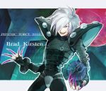  albino aqua_background bodysuit brad_kirsten character_name claws hair_over_one_eye male pauldrons psychic_force qp_db red_eyes rinnagi solo title_drop white_hair 