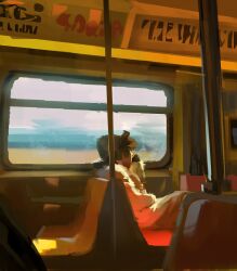  1other coat cowboy_shot day faceless hand_on_lap hat highres leaning_back original painterly samuel_smith sitting solo train_interior white_coat window_light 