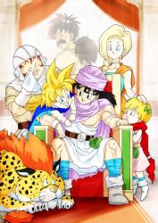  2girls 4boys belt bianca_(dq5) black_eyes black_hair blonde_hair blue_cape blue_eyes blue_tunic blunt_bangs boots borongo bow bracelet braid brown_hair cape cloak dragon_quest dragon_quest_v dress earrings facial_hair family father_and_daughter father_and_son full_body great_sabrecat green_bow green_dress gvdygdu hair_bow hand_on_another&#039;s_head happy_tears helmet hero&#039;s_daughter_(dq5) hero&#039;s_son_(dq5) hero_(dq5) highres husband_and_wife jewelry long_hair looking_at_another low_ponytail mother_and_daughter mother_and_son multiple_boys multiple_girls mustache neck_ring orange_cape papas pink_dress ponytail purple_cape purple_cloak purple_turban sancho_(dq5) short_hair single_braid sitting smile spiky_hair standing tears tunic white_tunic 