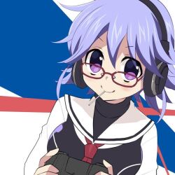 1girl artist_request blue_hair chaos;child glasses hair_between_eyes handheld_game_console headphones hekiho_academy_school_uniform holding holding_handheld_game_console kazuki_hana looking_at_viewer red-framed_eyewear school_uniform science_adventure semi-rimless_eyewear short_hair smile solo tagme upper_body violet_eyes 