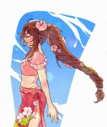  1girl aerith_gainsborough aerith_gainsborough_(floral_delight) arms_behind_back artist_name blue_background border braid braided_ponytail breasts closed_eyes cow crop_top final_fantasy final_fantasy_vii final_fantasy_vii_rebirth final_fantasy_vii_remake floral_print flower frilled_sleeves frills hair_flower hair_ornament hibiscus kurohyn long_hair medium_breasts midriff official_alternate_costume parted_bangs pink_flower pink_lips pink_sarong pink_shirt sarong shirt short_sleeves side_slit sidelocks single_braid solo thighs white_border 