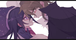  2boys aegyo_sal amami_rantaro annoyed black_border black_cape black_gloves blue_hat border cape clown collared_cape commentary_request danganronpa_(series) danganronpa_v3:_killing_harmony evil_smile eyelashes face-to-face fang gloves green_eyes green_hair hair_between_eyes halloween_costume hat height_difference high_collar holding_another&#039;s_wrist jester_cap letterboxed long_sleeves medium_hair messy_hair multiple_boys official_alternate_costume oma_kokichi open_mouth pale_skin pointy_nose polka_dot_headwear purple_hair red_vest sakura_(fein5862817) shirt simple_background smile smug torn_cape torn_clothes upper_body vampire_costume vest violet_eyes white_background white_shirt 