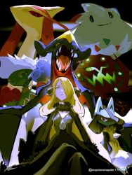  1girl black_coat black_collar black_pants blonde_hair closed_mouth coat collar commentary cynthia_(pokemon) from_below fur-trimmed_coat fur_collar fur_trim garchomp grey_eyes hair_ornament hair_over_one_eye long_hair lucario mayotsunamayo milotic pants pokemon pokemon_(creature) pokemon_dppt roserade spiritomb togekiss twitter_username 