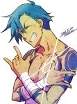  2011 \m/ bandage bandages blue_hair character_name dated grin kamina lens_flare male mikazuki smile solo tattoo tengen_toppa_gurren_lagann 