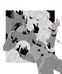  4boys bad_id bad_pixiv_id black_skin blood blood_from_eyes coat colored_skin covering_own_eyes facing_another greyscale hand_up head_on_another&#039;s_stomach holding_another&#039;s_wrist honkai:_star_rail honkai_(series) honkai_impact_3rd jewelry long_hair long_sleeves luocha_(honkai:_star_rail) male_focus monochrome multiple_boys necklace otto_apocalypse pants parted_lips pokashi ponytail scarf short_hair smile spot_color vest void_archives welt_yang 