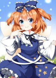  1girl black_ribbon blue_bow blue_eyes blue_skirt blue_vest blurry blurry_background blush bow closed_mouth collared_shirt commentary_request cosplay cowboy_shot fairy_wings frilled_bow frilled_shirt_collar frilled_skirt frills hair_bow hands_up highres long_sleeves looking_at_viewer neck_ribbon orange_hair ribbon ruu_(tksymkw) shirt short_hair skirt skirt_set smile solo star_sapphire star_sapphire_(cosplay) sunny_milk touhou two_side_up vest white_shirt wings 