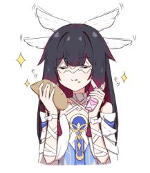  1girl :t black_hair bow chirun0 closed_eyes closed_mouth columbina_(genshin_impact) crumbs dress eating food food_on_face genshin_impact head_wings holding holding_food holding_juice_box juice_box long_hair multicolored_hair pink_hair ribbon simple_background solo two-tone_hair upper_body white_background white_bow white_dress white_ribbon white_wings wings 