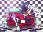  blue_hair bunny_ears checkered cosmic_break couch dice gloves high_heels mask patty_lop pillow purple_hair red_eyes renny_lop shoes thigh-highs thighhighs tsukinami_kousuke yellow_eyes 