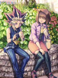  1boy 1girl bag bare_shoulders belt belt_buckle black_belt black_hair black_thighhighs blonde_hair blunt_bangs bracelet brown_hair buckle chain chain_necklace closed_eyes flower food highres holding holding_food jacket jewelry mazaki_anzu millennium_puzzle multicolored_hair necklace open_clothes open_mouth outdoors pink_eyes pink_flower pink_jacket red_hair short_hair shoulder_bag signature sitting sleeveless smile spiky_hair suzurichan715 thigh-highs third-party_source yami_yugi yu-gi-oh! yu-gi-oh!_duel_monsters 