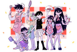  2girls 4boys animal_ears antenna_hair apron arms_up aubrey_(headspace)_(omori) aubrey_(omori) barefoot basil_(headspace)_(omori) basil_(omori) black_bow black_bowtie black_eyes black_hair black_socks black_sweater_vest black_tank_top bobby_socks bow bowtie bright_pupils brother_and_sister camera cat_ears cat_tail closed_eyes collared_shirt commentary_request cooking_pot cup drinking_glass drinking_straw fake_animal_ears fake_tail flower food frying_pan green_apron green_eyes green_hair grin hair_bow head_wreath hero_(headspace)_(omori) hero_(omori) highres holding holding_camera holding_cooking_pot holding_frying_pan holding_knife holding_notepad holding_plate holding_spatula holding_tray kel_(headspace)_(omori) kel_(omori) kneehighs knife long_hair long_sleeves looking_at_viewer maid_headdress mari_(headspace)_(omori) mari_(omori) mary_janes mr._plantegg_(omori) multiple_boys multiple_girls neckerchief notepad official_alternate_costume omori omori_(omori) one_eye_closed open_mouth pajamas parted_lips pet_rock pink_apron pink_bow plate purple_hair red_neckerchief shakomori_w shirt shoes short_hair shorts siblings smile socks spatula squatting standing steak sweater_vest tail tank_top teeth tray upper_teeth_only violet_eyes white_pupils white_shirt white_shorts white_socks yellow_shirt 