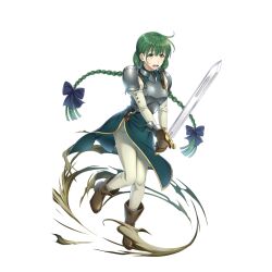  1girl ankle_boots armor artist_request black_ribbon boots braid braided_ponytail breastplate breasts brown_boots brown_gloves dust_cloud eyelashes floating_hair full_body game_cg gloves green_eyes green_hair green_tunic hair_ribbon high_heel_boots high_heels holding holding_sword holding_weapon long_hair long_sleeves looking_ahead looking_at_viewer low_twin_braids multiple_braids official_art open_mouth pants pauldrons raised_eyebrows ribbon rishia_ivyred shirt shoulder_armor side_slit simple_background sleeveless_tunic small_breasts solo standing standing_on_one_leg sweatdrop sword tate_no_yuusha_no_nariagari tate_no_yuusha_no_nariagari_rerise tongue transparent_background tunic turtleneck_tunic twin_braids weapon white_pants white_shirt 