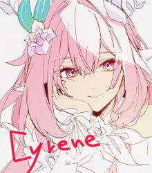 1girl absurdres aiwo_o_lite bare_shoulders character_name cyrene_(honkai:_star_rail) cyrene_(ripples_of_past_reverie)_(honkai:_star_rail) detached_sleeves english eyebrows eyebrows_visible_through_hair eyelashes female flower flower_on_head hand_on_own_cheek hand_on_own_face highres honkai:_star_rail honkai_(series) medium_hair pink_hair purple_eyes rose simple_background sketch smile solo unfinished white_background white_rose white_sleeves work_in_progress