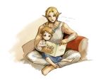  2boys age_difference book brown_hair child father_and_son indian_style link multiple_boys nintendo reading sitting the_legend_of_zelda white_background young_link 