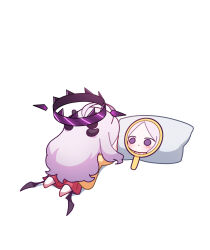  1girl ahoge black_halo blue_archive chibi demon_girl demon_horns demon_wings halo highres hina_(blue_archive) hina_(pajamas)_(blue_archive) horns jacket long_hair looking_at_mirror mirror pajamas pillow pink_pajamas polka_dot polka_dot_pajamas solo uz_(uzru0428) white_hair wings yellow_jacket 