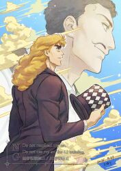  2boys argyle_clothes argyle_hat black_coat black_hair blonde_hair clouds coat dated facial_hair green_eyes hat highres holding holding_unworn_clothes holding_unworn_hat jojo_no_kimyou_na_bouken long_hair male_focus multiple_boys mustache phantom_blood robert_e._o._speedwagon short_hair sky smile top_hat under_under_01 unworn_hat unworn_headwear will_anthonio_zeppeli 