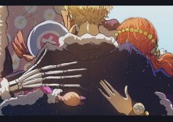  1girl 4boys affectionate antlers back blonde_hair brook_(one_piece) coat commentary cross fur-trimmed_coat fur_trim highres hood horns hug log_pose long_hair m_ri_na_op multiple_boys nami_(one_piece) one_piece orange_hair reindeer_antlers sanji_(one_piece) short_hair skeleton straw_hat_pirates tony_tony_chopper 