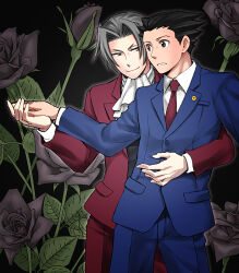  2boys ace_attorney arm_around_waist ascot black_background black_eyes black_flower black_hair black_vest blue_jacket blue_pants blue_suit closed_mouth collared_shirt commentary_request cowboy_shot curtained_hair flower grey_eyes grey_hair holding imorimiyuki jacket lapel_pin lapels long_sleeves miles_edgeworth multiple_boys necktie open_clothes open_jacket pants parted_lips phoenix_wright red_jacket red_necktie red_pants shirt smile suit suit_jacket vest white_ascot white_shirt 