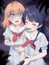  2girls :d ^_^ aqua_eyes blue_dress blue_hair blush braid breast_pocket closed_eyes collarbone commentary_request cowboy_shot dark dress expressive_hair flashlight hair_intakes hair_ornament half_up_braid half_updo hasu_no_sora_school_uniform hiding hiding_behind_another highres hinoshita_kaho holding holding_flashlight kyaku_tasu link!_like!_love_live! long_hair love_live! medium_hair mole mole_on_neck multiple_girls murano_sayaka neckerchief open_mouth orange_hair pleated_dress pocket puffy_short_sleeves puffy_sleeves rabbit_hair_ornament raised_inner_eyebrows red_neckerchief sailor_collar sailor_dress scared school_uniform short_sleeves smile summer_uniform sweatdrop tearing_up teeth turn_pale two_side_up upper_teeth_only virtual_youtuber watermark wavy_mouth white_sailor_collar 