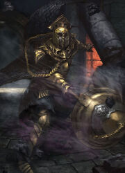  1boy armor armored_boots beard black_cape boots breastplate cape chuno_(akiaji81) club_(weapon) column commentary_request dark_souls_(series) dark_souls_ii facial_hair full_body gauntlets gold gold_armor helmet holding holding_club holding_weapon indoors male_focus pillar smoke smoke_trail solo velstadt_the_royal_aegis weapon 