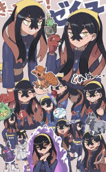  1boy 1girl absurdres black_hair blue_jacket blue_pants blush brother_and_sister candy_apple carmine_(pokemon) character_name clenched_hands clenched_teeth closed_eyes closed_mouth commentary_request crossed_bangs food gloves hair_between_eyes hairband highres holding holding_poke_ball jacket japanese_clothes kieran_(pokemon) long_hair long_sleeves mask mask_on_head mole mole_under_eye morpeko morpeko_(hangry) multicolored_hair multiple_views open_mouth own_hands_together pants poke_ball poke_ball_(basic) pokemon pokemon_(creature) pokemon_sv poochyena purple_hair ramson red_gloves red_hair shaded_face shoes shorts siblings simple_background single_glove sinistcha smile swadloon sweat teeth translation_request vulpix white_jacket white_shoes yellow_bag yellow_hairband 