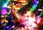  arm_ribbon arms_up black_dress cloud dress flower gradient_hair highres hijiri_byakuren lights long_hair mountain multicolored_hair petals purple_hair red_hair redhead ryosios scroll sky solo sorcerer's_sutra_scroll touhou water yellow_eyes 