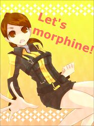  1girl brown_eyes brown_hair engrish female jacket long_sleeves open_mouth ponytail ranguage satou713 shorts solo super_sentai tokumei_sentai_go-busters usami_y?ko usami_youko usami_yã¥âko yellow_background 