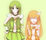  alternate_hairstyle bad_id blonde_hair choker closed_eyes cure_march cure_peace dress eyes_closed green_dress green_eyes green_hair hair_down hair_ornament kise_yayoi long_hair magical_girl midorikawa_nao multiple_girls open_mouth precure skirt smile smile_precure! tiara v vader_(n.r.t.a.) very_long_hair wrist_cuffs yellow_dress 