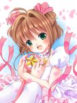  :d brown_hair card_captor_sakura cardcaptor_sakura cherry_blossoms child dress green_eyes hoshi_no_tsue irori kinomoto_sakura open_mouth petals ribbon short_hair smile wand 