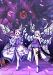  bare_shoulders book bow dress drill_hair flower head_wings highres holding horns hoshi_no_gen long_hair multiple_girls no_nose open_mouth original red_eyes shoes siblings silver_hair standing twin_drills twins very_long_hair wings 