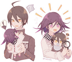  2boys :o ? aegyo_sal aged_down ahoge baby bare_legs bib black_hair black_jacket black_scarf breast_pocket carrying carrying_baby carrying_person chain checkerboard_cookie checkered_clothes checkered_scarf clothes_grab collared_jacket commentary_request cookie crest cropped_torso cross-laced_jacket danganronpa_(series) danganronpa_v3:_killing_harmony denim diaper disgust downturned_eyes food frown furrowed_brow gold_buttons hair_between_eyes happy heart high_collar holding holding_magnifying_glass jacket jeans layered_sleeves long_sleeves looking_at_another magnifying_glass male_focus multiple_boys neckwear_grab oma_kokichi open_mouth pacifier pants pinstripe_jacket pinstripe_pattern pocket purple_hair purple_shoes saihara_shuichi sakura_(fein5862817) scarf scarf_grab shoes short_hair simple_background sleeve_cuffs smile speech_bubble spoken_object spoken_question_mark thought_bubble torn_clothes torn_jeans torn_pants twitter_username two-tone_scarf undershirt unmoving_pattern v-shaped_eyebrows violet_eyes white_background white_jacket white_scarf yellow_eyes 