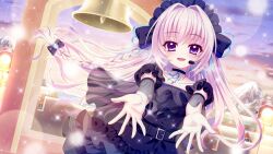  1girl arch bell belt black_belt black_bow black_choker black_dress black_headdress black_skirt black_sleeves blonde_hair blue_eyes blue_gemstone blue_ribbon blush bow braid building choker clouds collarbone detached_sleeves dot_nose dress dutch_angle film_grain game_cg gem hair_bow hair_ribbon headset house izumi_tsubasu layered_skirt lens_flare long_braid looking_at_viewer mole mole_under_each_eye mole_under_eye morning mountain multiple_moles non-web_source official_art open_mouth outdoors outstretched_arms purple_sky re:stage! ribbon see-through_clothes see-through_sleeves shiratori_amaha_(re:stage!) single_braid skirt sky smile snowing solo sparkle stage_lights town 