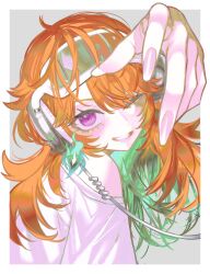  1girl absurdres colored_inner_hair green_hair grin hand_up headphones highres hololive hololive_english long_hair looking_at_viewer multicolored_hair one_eye_closed orange_hair pungson_mori shirt smile solo takanashi_kiara teeth violet_eyes virtual_youtuber white_shirt 